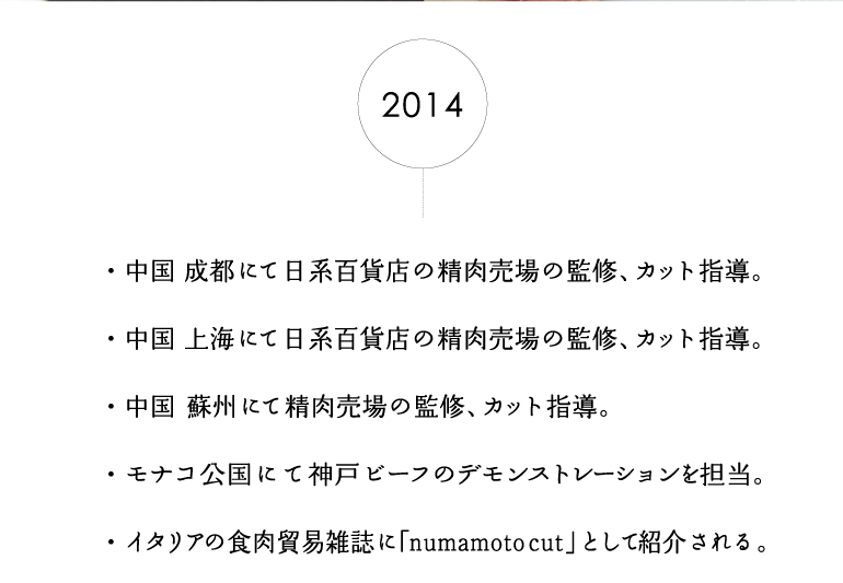 2014年　・中国成都にて日系百貨店の精肉売場の監修、カット指導。・中国上海にて日系百貨店の精肉売場の監修、カット指導。・中国蘇州にて精肉売場の監修、カット指導。・モナコ公国にて神戸ビーフのデモンストレーションを担当。・イタリアの食肉貿易雑誌に「numamotocut」として紹介される。